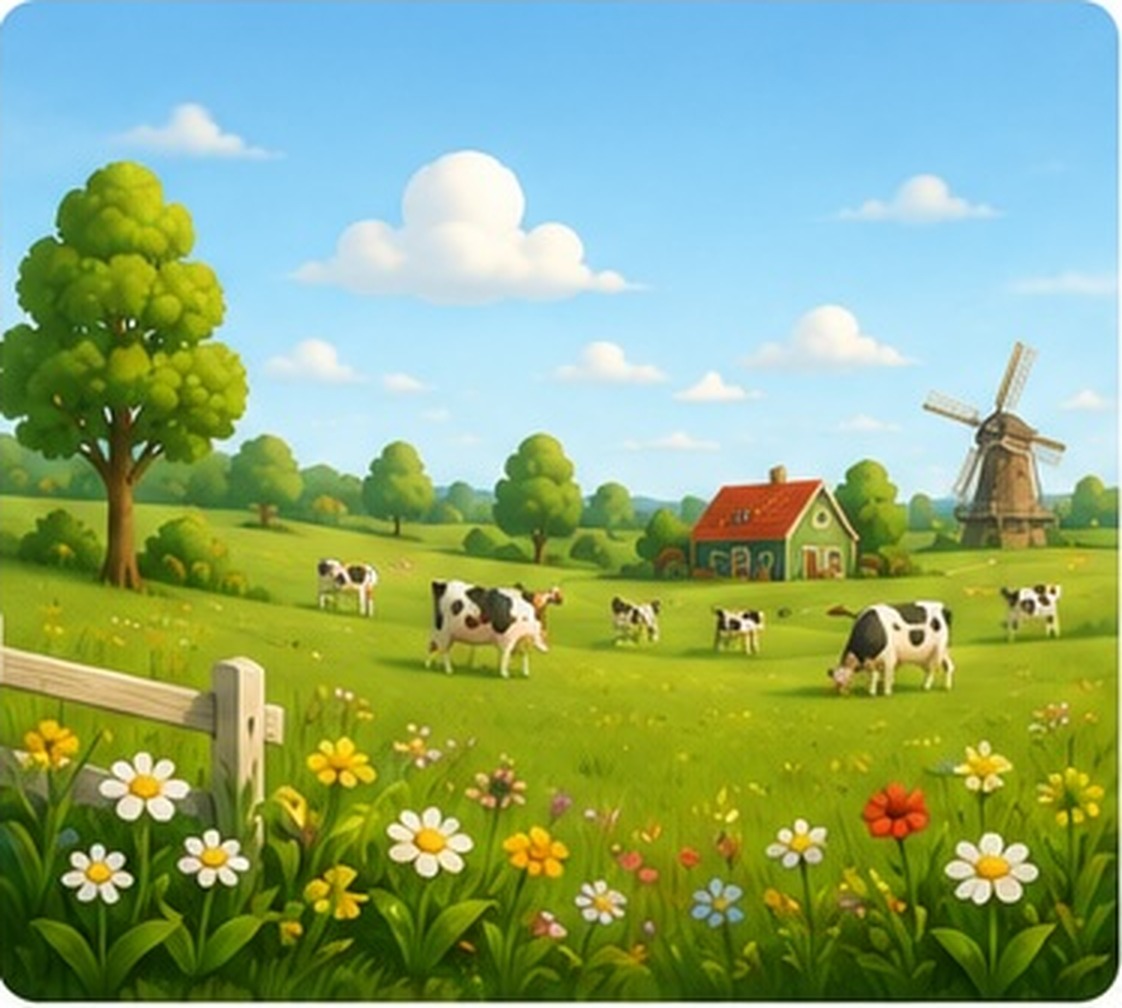 Illustratie van een Nederlandse boerderij tussen groene weilanden