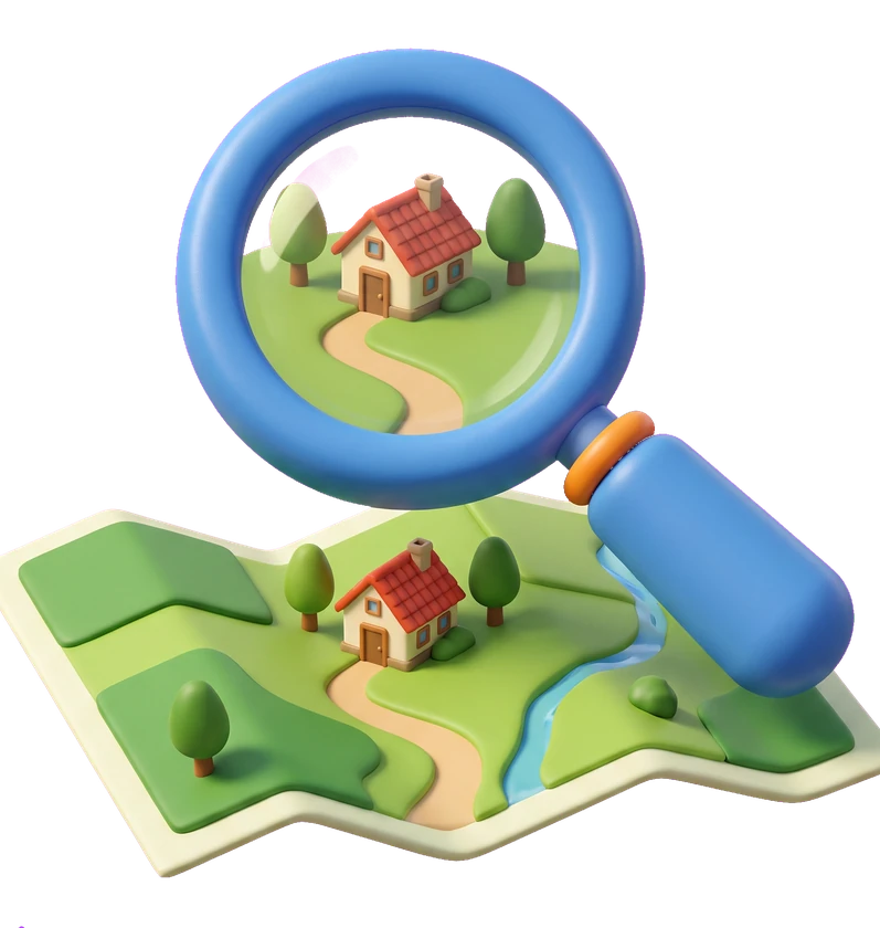 3D-illustratie van een vergrootglas boven een lokale kaart